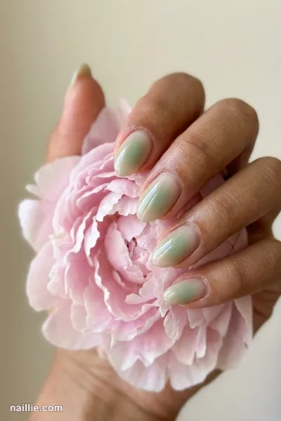 Close-up of oval nails with a glowing sage green aura in the center — look 2