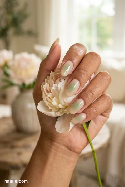 Close-up of oval nails with a glowing sage green aura in the center — look 3