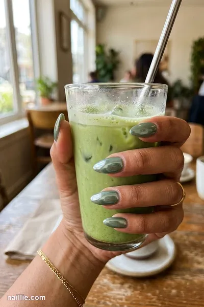 Close-up of almond nails with sage green polish and a mirror-like chrome finish