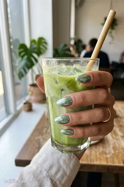 Close-up of almond nails with sage green polish and a mirror-like chrome finish — look 2