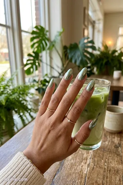 Close-up of almond nails with sage green polish and a mirror-like chrome finish — look 3