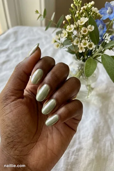 Close-up of oval nails with sage green polish and a pearly glazed-donut shimmer