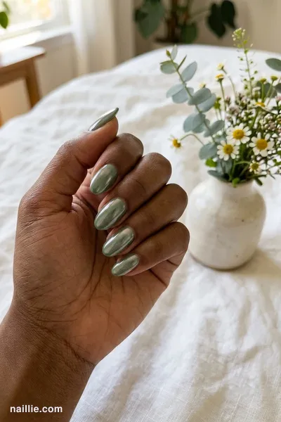 Close-up of oval nails with sage green polish and a pearly glazed-donut shimmer — look 2