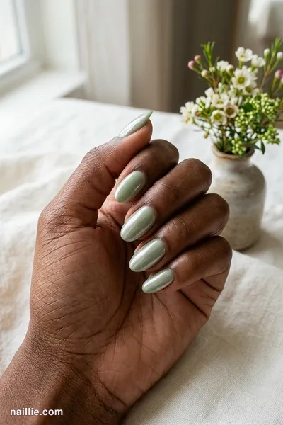 Close-up of oval nails with sage green polish and a pearly glazed-donut shimmer — look 3