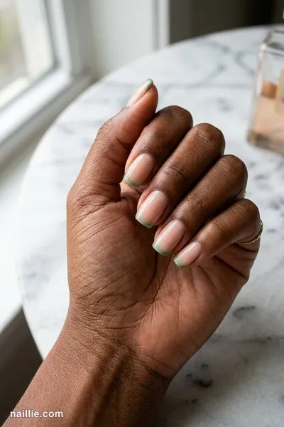 Close-up of short square nails with ultra-thin sage green micro French tips