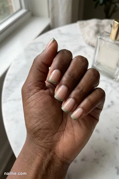 Close-up of short square nails with ultra-thin sage green micro French tips — look 2