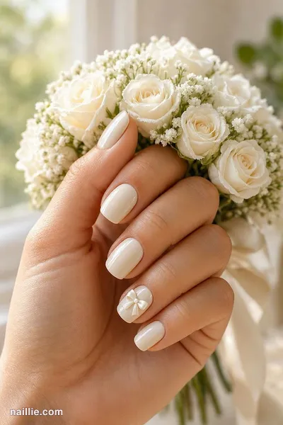 Close-up of short square nails with tiny ivory 3D bows
