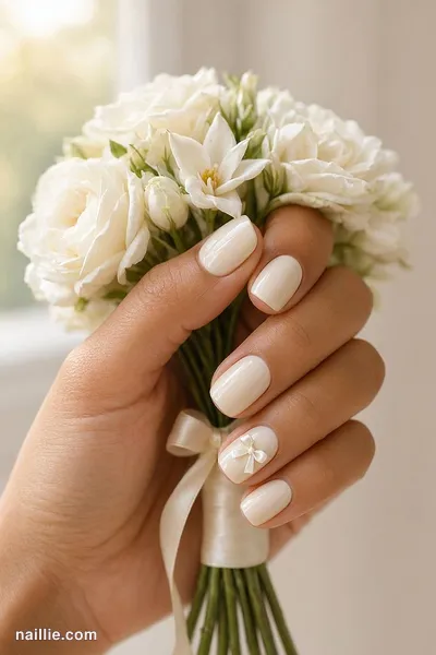 Close-up of short square nails with tiny ivory 3D bows — look 2