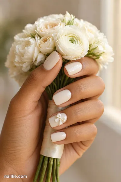 Close-up of short square nails with tiny ivory 3D bows — look 3