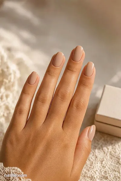 Close-up of almond nails with sheer nude beige polish on ivory lace — look 2