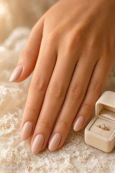 Close-up of almond nails with sheer nude beige polish on ivory lace — look 3