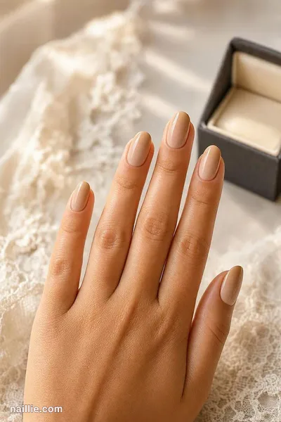 Close-up of almond nails with sheer nude beige polish on ivory lace — look 4