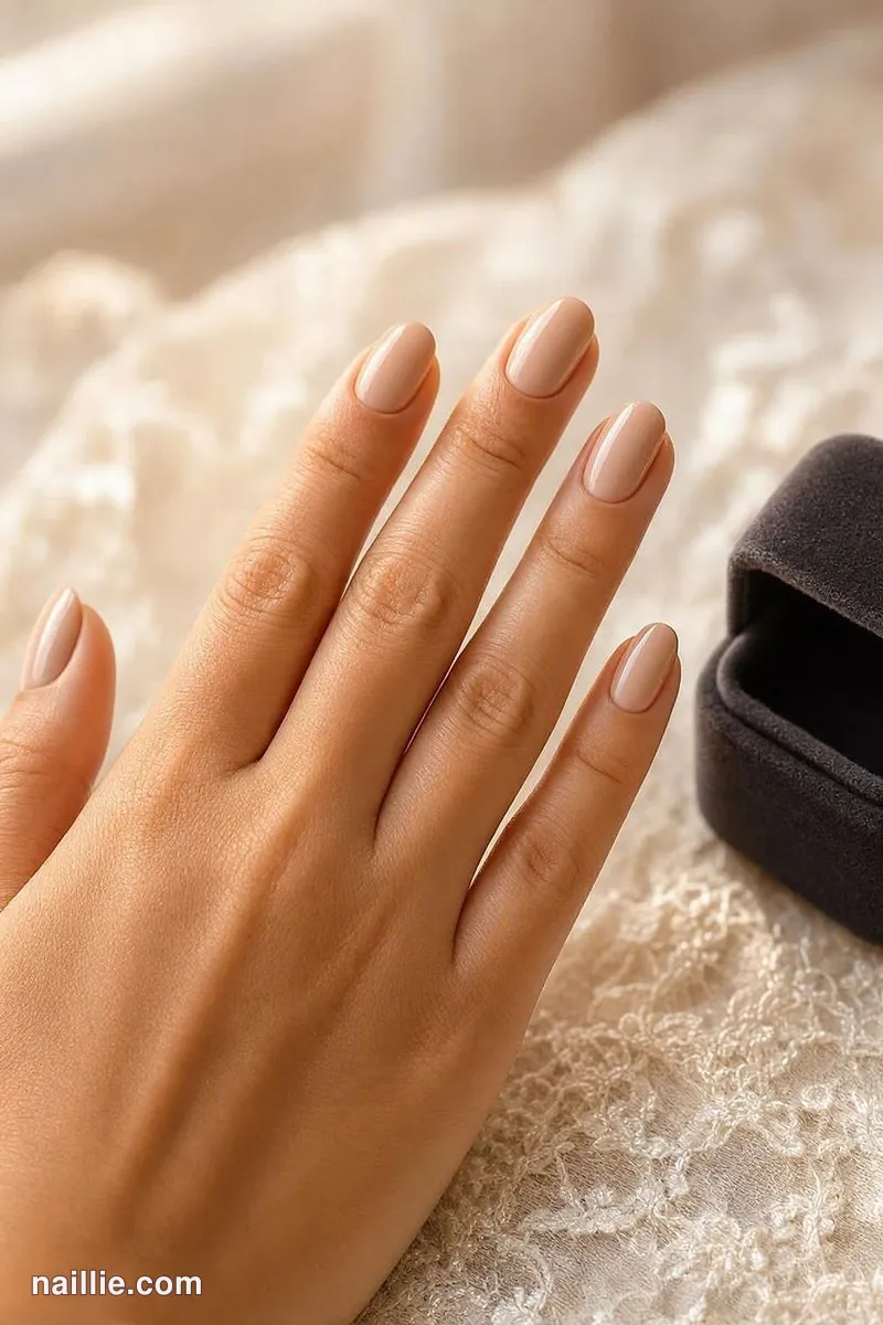 Close-up of almond nails with sheer nude beige polish on ivory lace