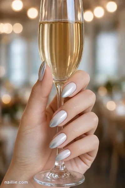 Close-up of almond nails with silver chrome polish holding a champagne flute — look 2