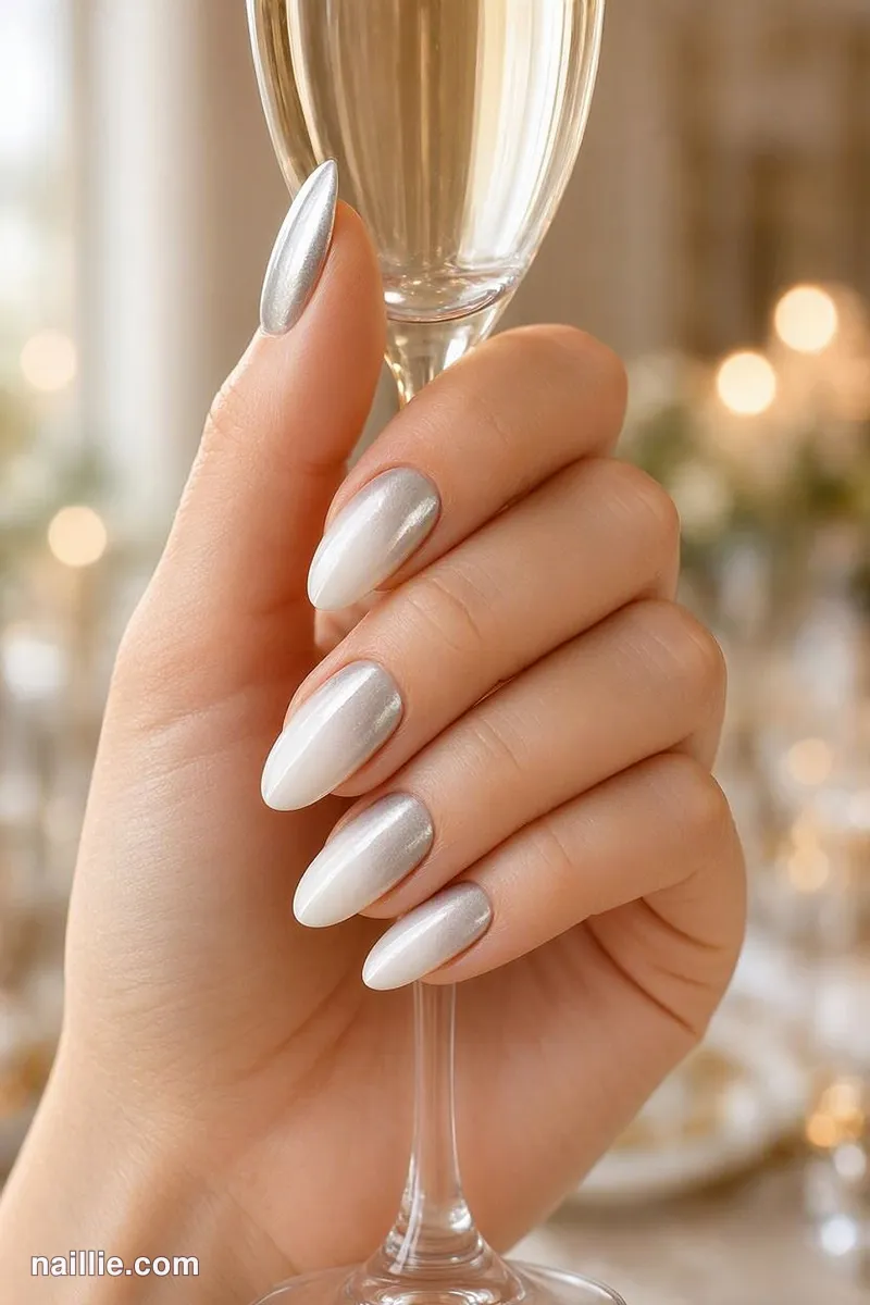 Close-up of almond nails with silver chrome polish holding a champagne flute