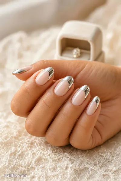 Close-up of almond nails with silver chrome French tips — look 2