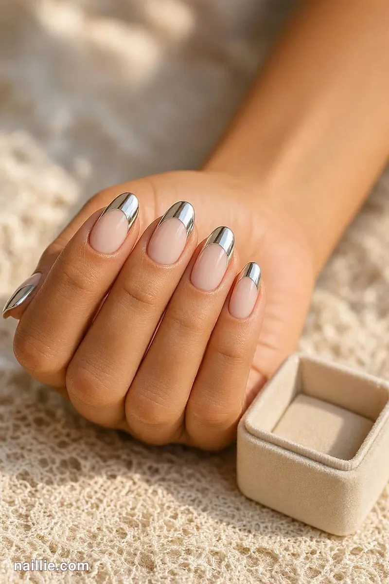Close-up of almond nails with silver chrome French tips