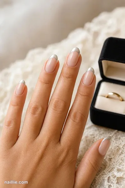 Close-up of almond nails with ultra-thin silver micro French tips