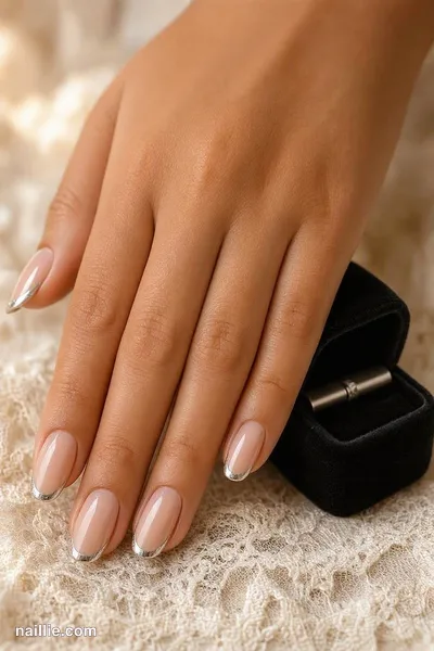 Close-up of almond nails with ultra-thin silver micro French tips — look 3