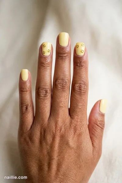 Close-up of short square nails with cheerful little smiley faces — look 2