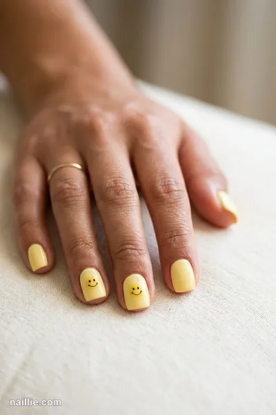 Close-up of short square nails with cheerful little smiley faces — look 3