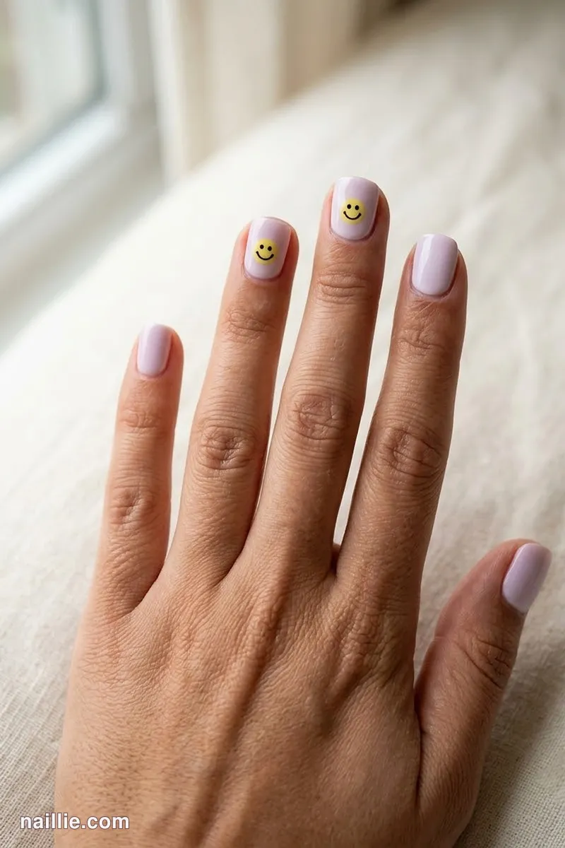 Close-up of short square nails with cheerful little smiley faces