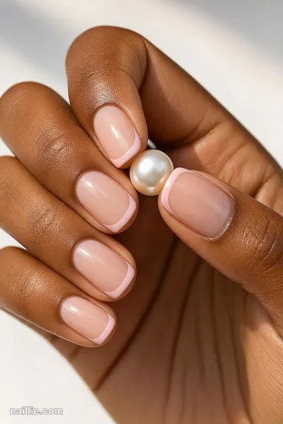 Close-up of short soft pink nude nails holding a pearl