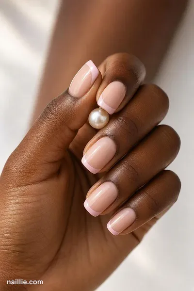 Close-up of short soft pink nude nails holding a pearl — look 2