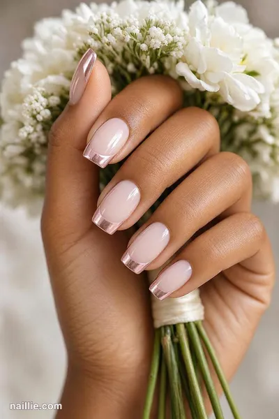 Close-up of short square nails with soft pink nude chrome French tips
