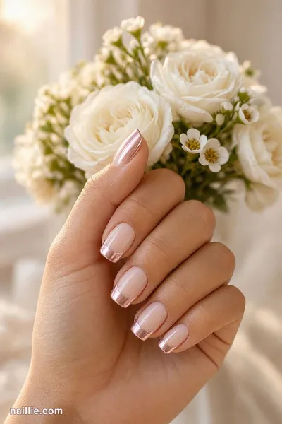 Close-up of short square nails with soft pink nude chrome French tips — look 2