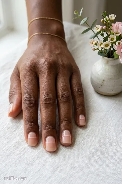 Close-up of short square nails with one fine soft pink nude line across a sheer base
