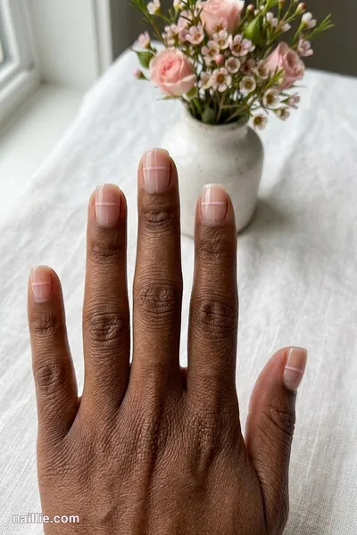 Close-up of short square nails with one fine soft pink nude line across a sheer base — look 2