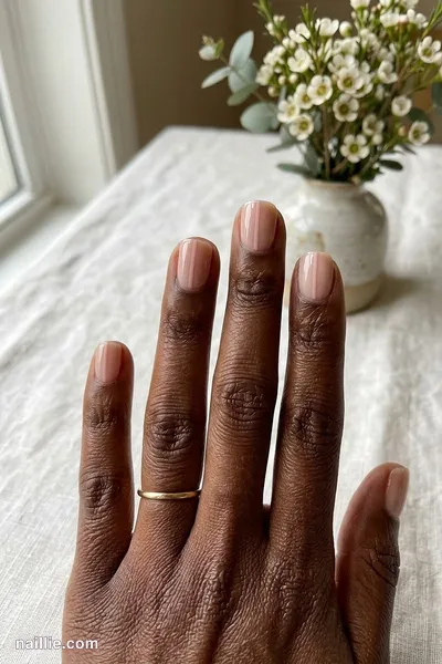 Close-up of short square nails with one fine soft pink nude line across a sheer base — look 3