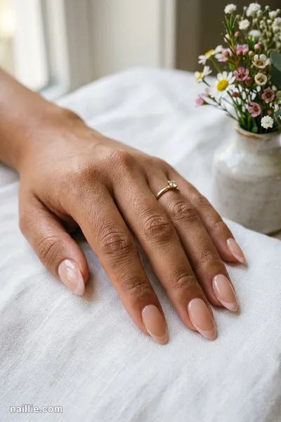 Close-up of almond nails with soft pink nude French tips over a sheer nude base — look 2