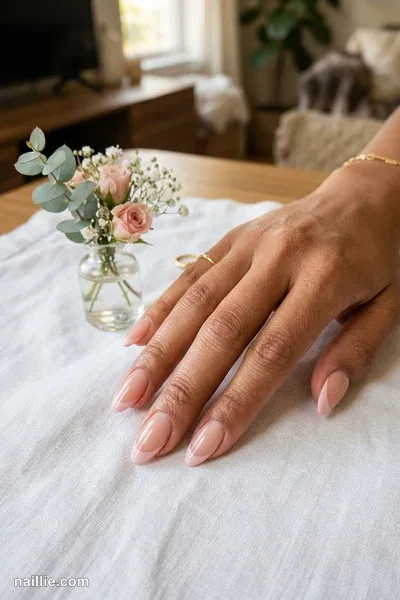 Close-up of almond nails with soft pink nude French tips over a sheer nude base — look 3