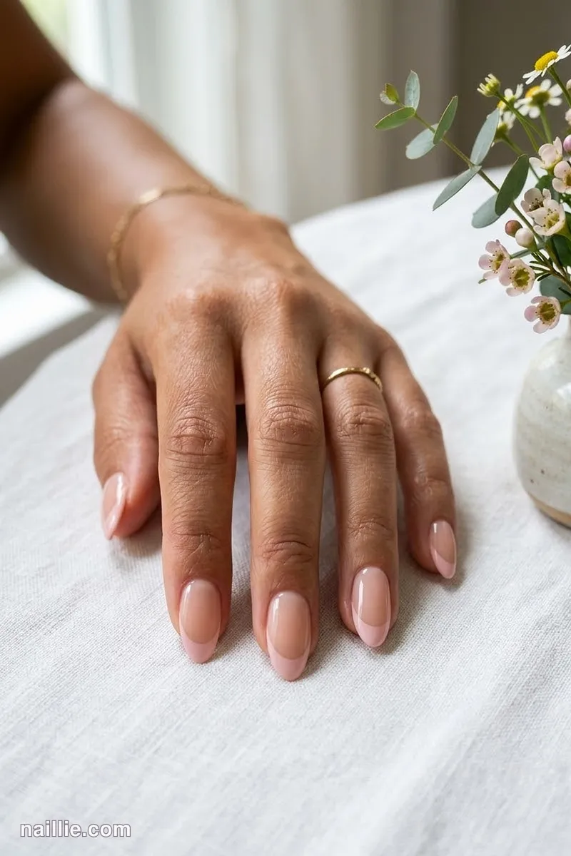 Close-up of almond nails with soft pink nude French tips over a sheer nude base