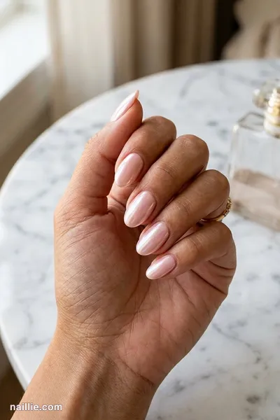 Close-up of oval nails with soft pink nude polish and a pearly glazed-donut shimmer — look 3
