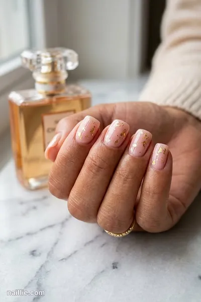 Close-up of short square nails with soft pink nude polish and delicate gold foil flakes