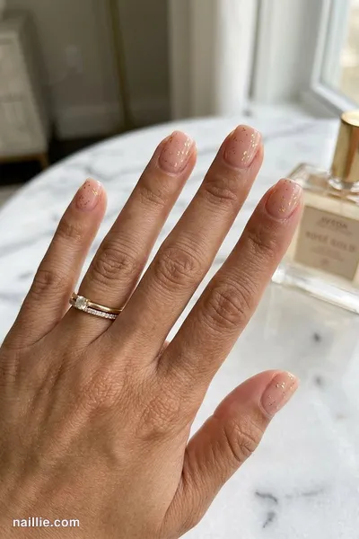Close-up of short square nails with soft pink nude polish and delicate gold foil flakes — look 2