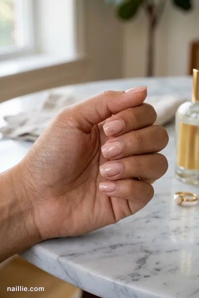 Close-up of short square nails with soft pink nude polish and delicate gold foil flakes — look 3