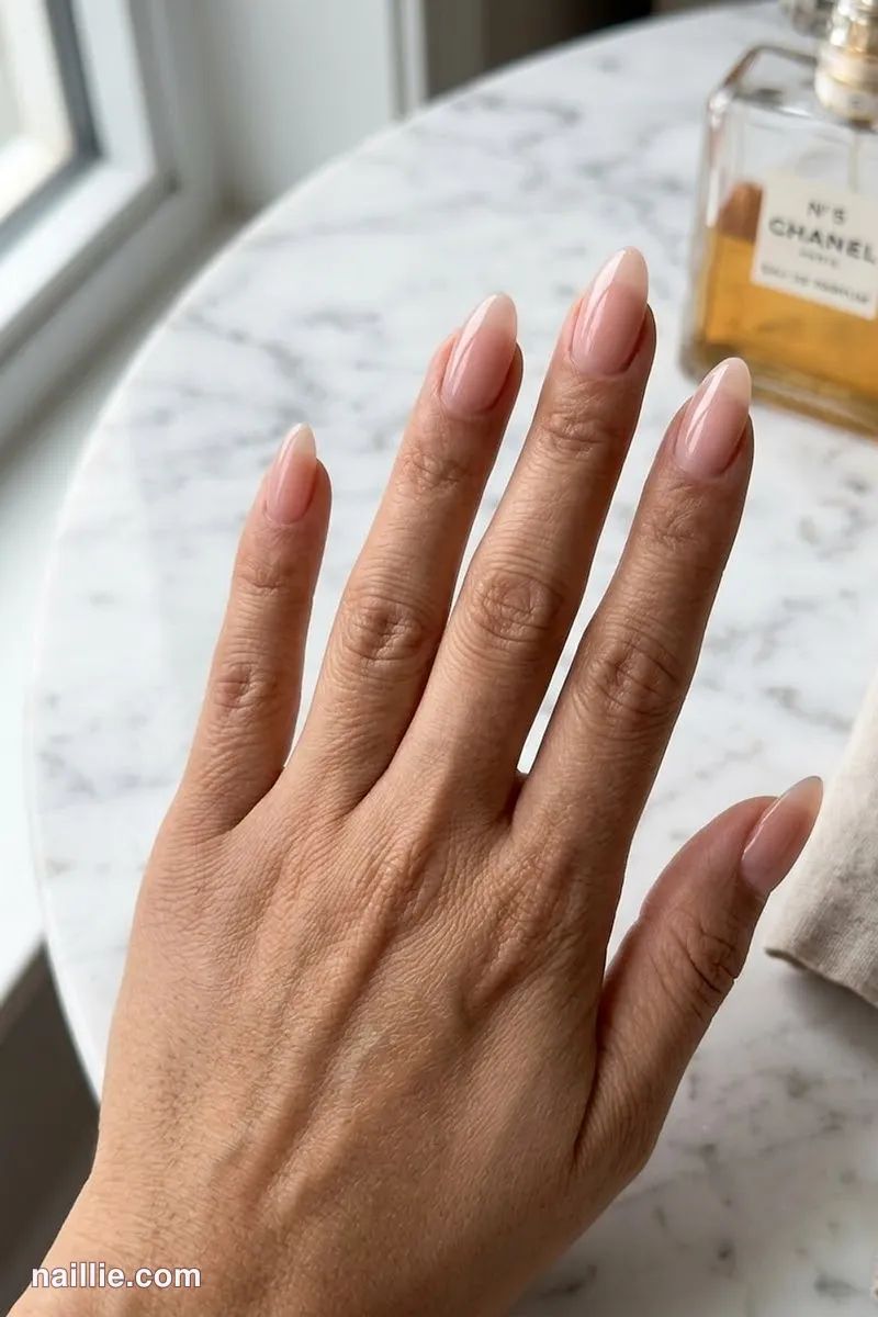 Close-up of almond nails with soft pink nude polish and a glossy see-through jelly finish