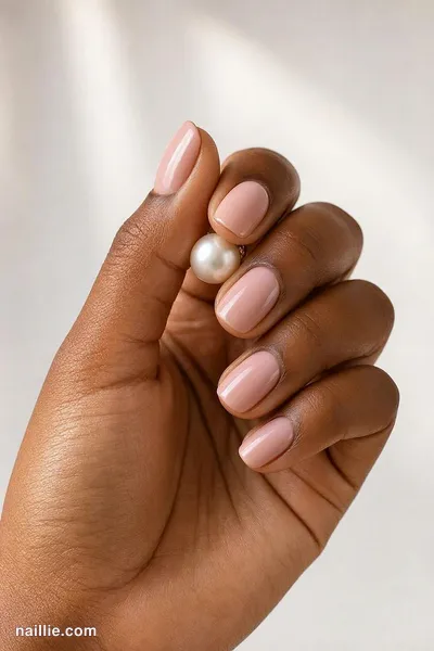 Close-up of short square nails with a soft pink nude ombre fading into nude