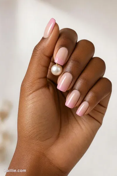 Close-up of short square nails with a soft pink nude ombre fading into nude — look 2