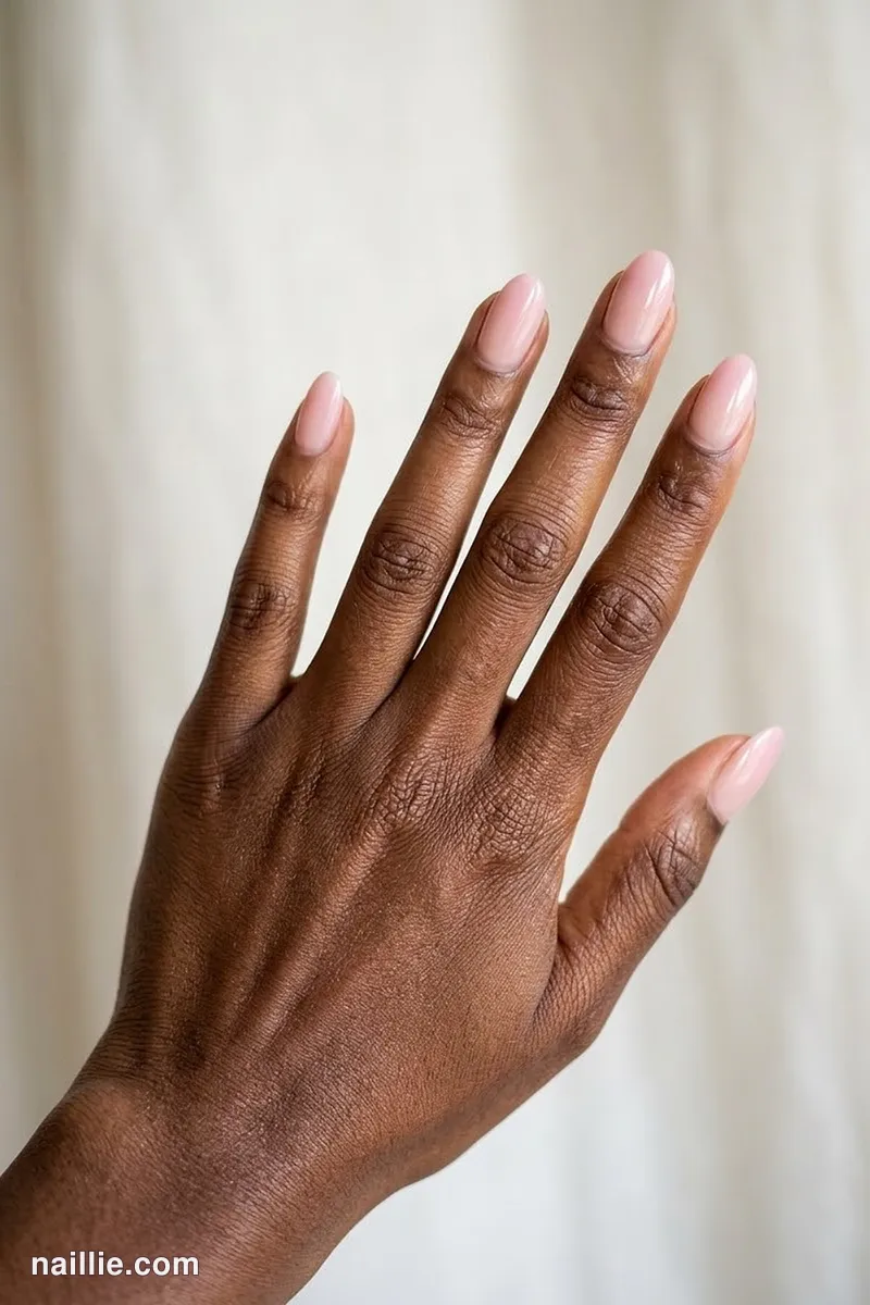 Close-up of oval nails with a soft pink nude ombre fading into nude
