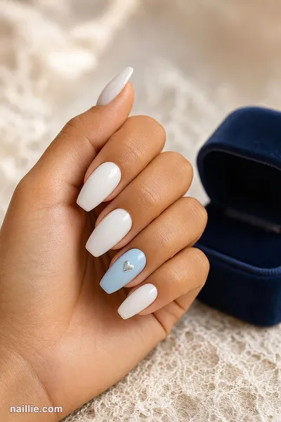 Close-up of coffin nails with a secret something-blue accent nail
