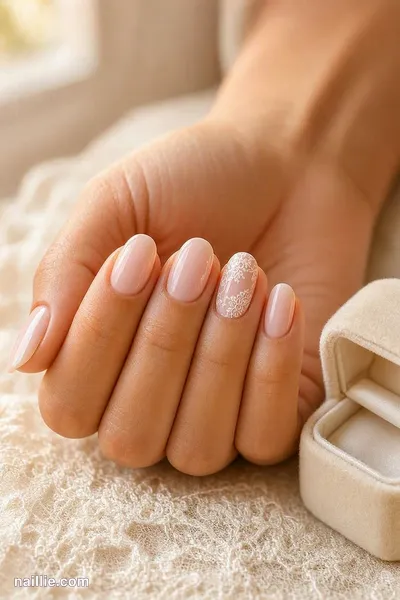 Close-up of soft pink nude nails with one sparkly glitter accent nail next to a ring box — look 3