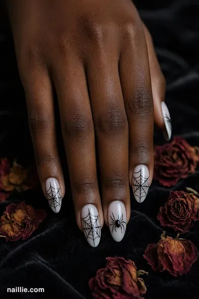 Close-up of almond nails with fine black spiderwebs on a milky base