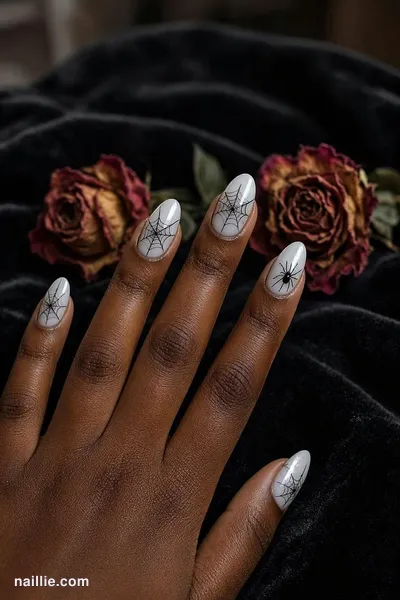 Close-up of almond nails with fine black spiderwebs on a milky base — look 2