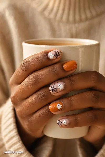 Close-up of short square nails with cute ghosts and spiderwebs in black and orange