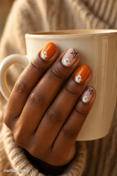 Close-up of short square nails with cute ghosts and spiderwebs in black and orange — look 2